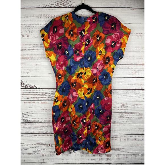 Nipon Boutique Dress Womens US 8 Silk Multicolor Floral Pansy Print Short Sleeve - Picture 8 of 10